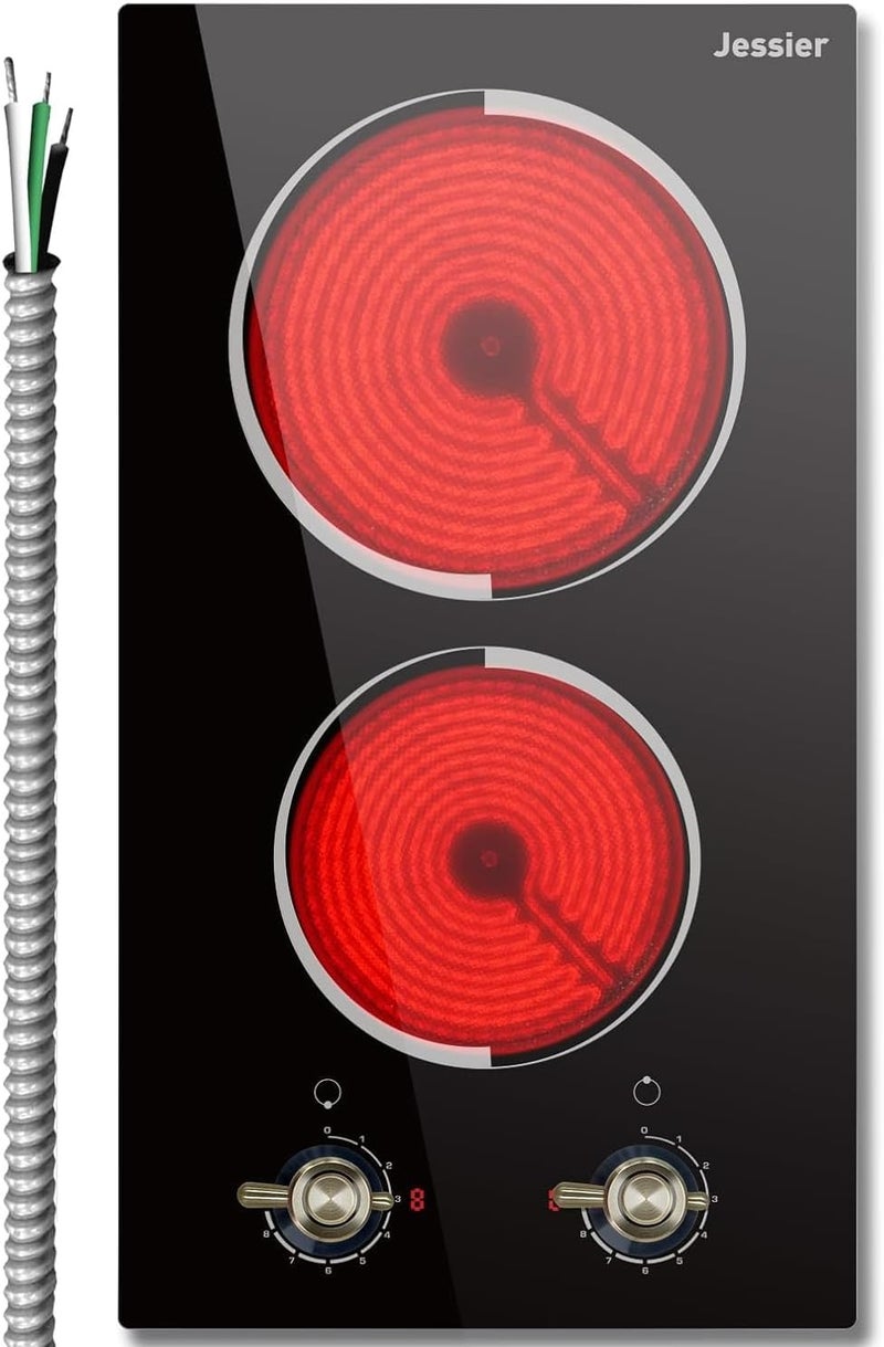 Jessier 2 Burner Electric Cooktop - Built-in 3000W Two Burner Electric Stove, 220V Ceramic Cook Top with 9 Power Heating Levels, Knob Control, 220V - 240V Hard Wired (No Plug) - Image 1